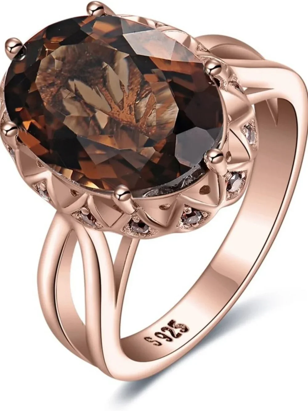 Stunning 5.7ct Oval Smoky Quartz Cocktail Ring, 14K Gold Plated Sterling Silver